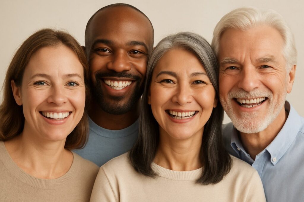A diverse group of people smiling, showcasing various implant dental works such as single-tooth implants, multiple implants, and full-arch solutions. No text on the image.