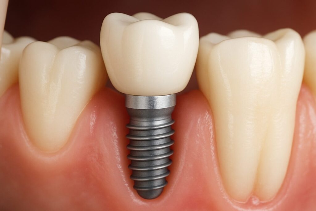 An infographic displaying the five key steps for getting a tooth implant. The steps include consultation, preparation, surgery, healing, and final restoration. No text on image.