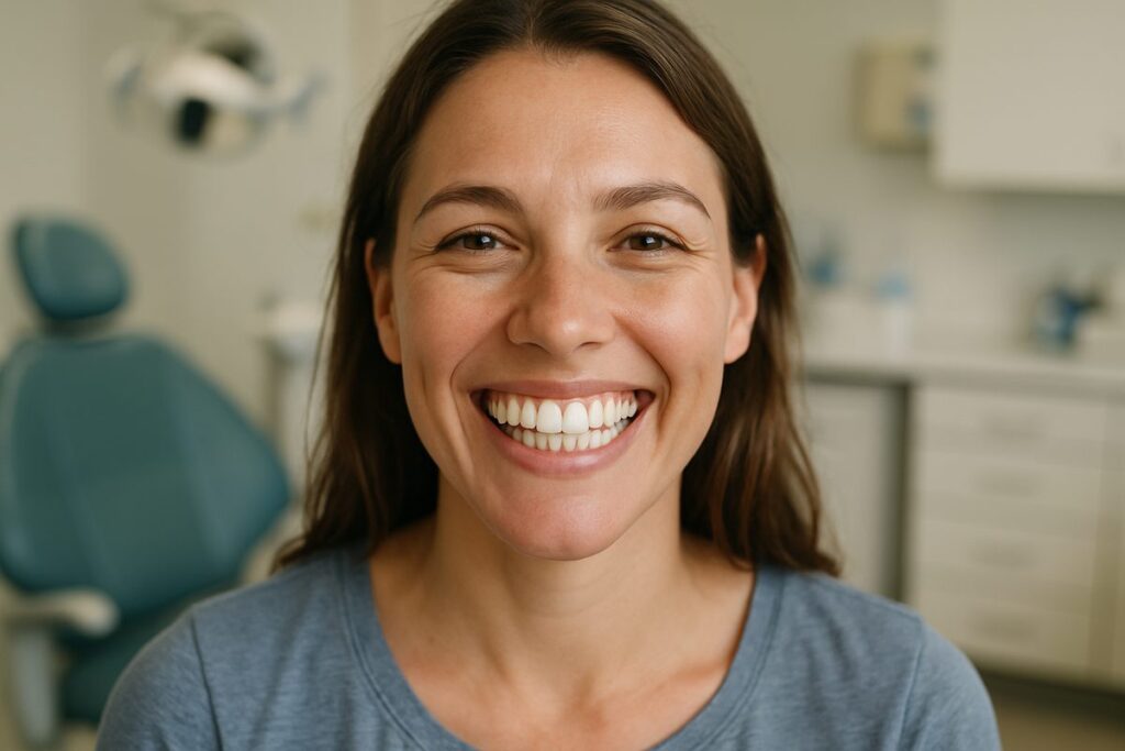 Photo depicting a person with a full set of natural looking teeth smiling radiantly. The background is blurred, but suggests a dental office setting. No text on image.