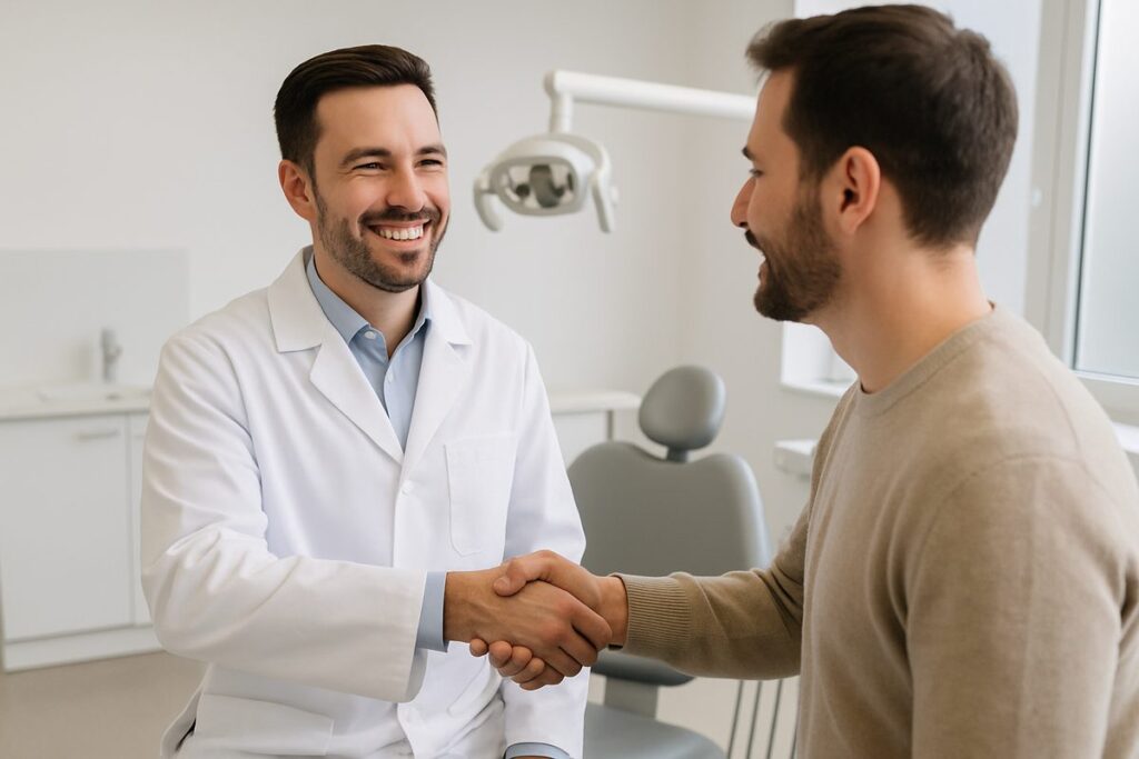 Image of a friendly dentist in Seminole, FL, smiling and shaking hands with a new patient in a modern dental office. The dentist is wearing a white coat, and the office is clean and well-lit. No text on the image.