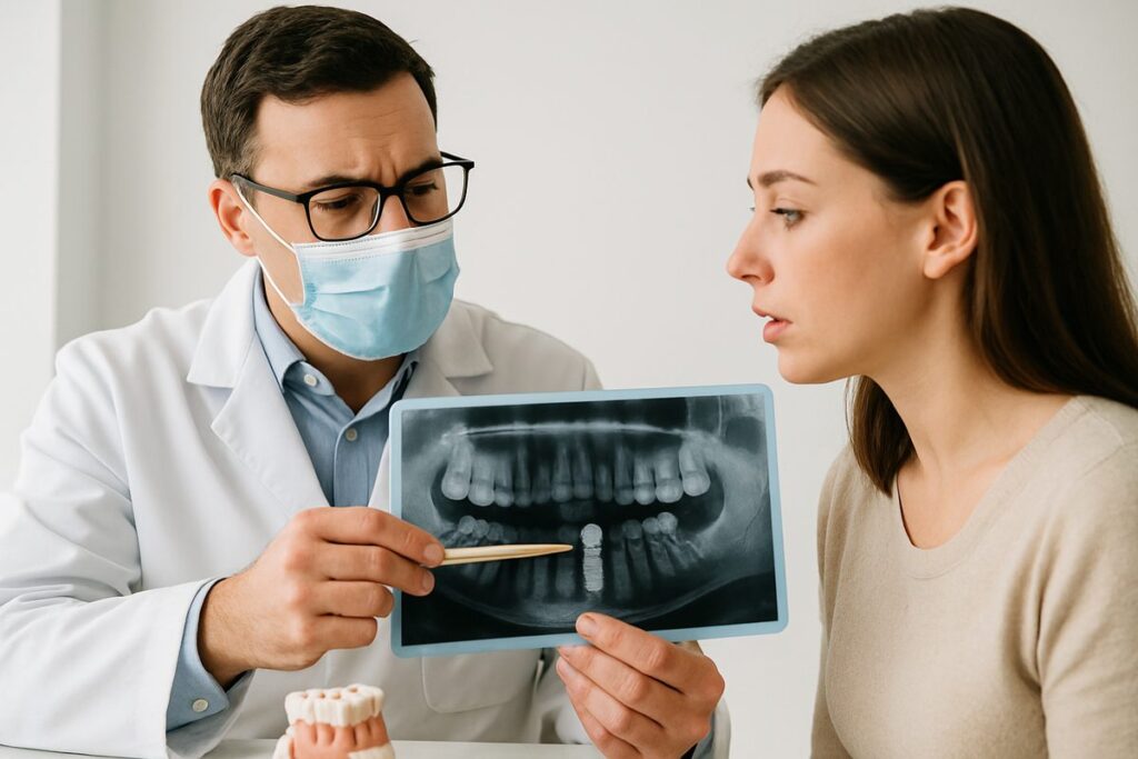 A dentist is consulting with a patient about replacing a missing tooth with a dental implant. The dentist is pointing to an x-ray that shows a dental implant in the jawbone. No text on image.