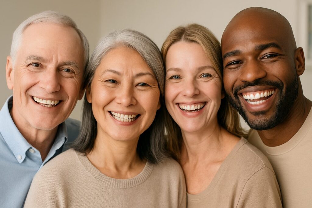 A diverse group of patients are happily smiling, each showcasing different types of "fake teeth" including a dental implant, a bridge, and partial dentures. No text on the image.