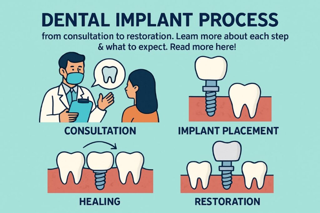 An infographic illustrating the five key stages of the dental implant process: consultation, planning, surgery, healing, and restoration. Each stage is represented by a simple icon and a brief description. No text on the image.