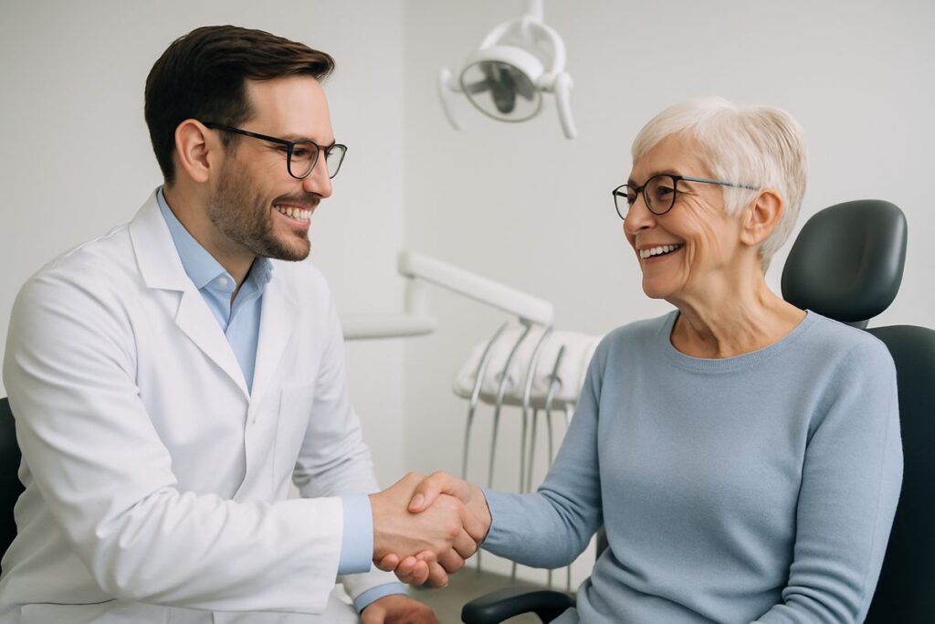A friendly dentist is shaking hands with a smiling senior female patient in a modern dental office, with dental equipment subtly visible in the background. No text on the image.