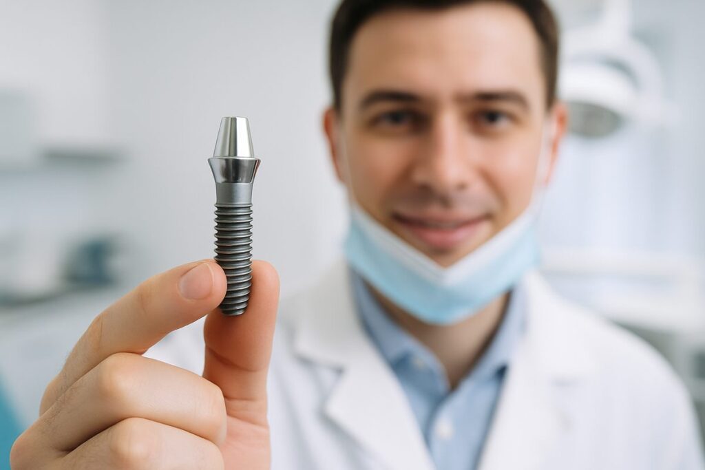 Image of a dentist holding a metal dental implant, showcasing its metallic composition and screw-like structure, against a blurred background of a dental office. No text on the image.